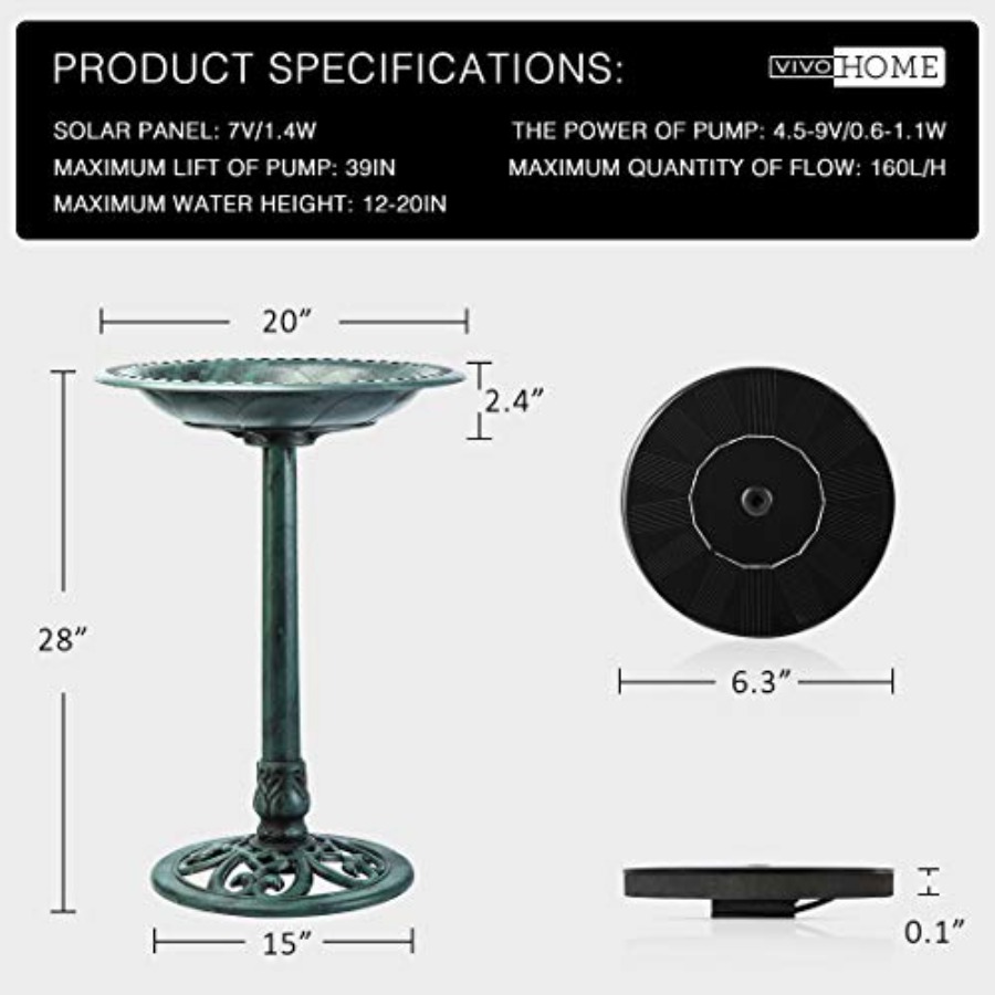 Bird Bath with Solar Fountain  - đánh giá và giá Outdoor Power Pedestal
